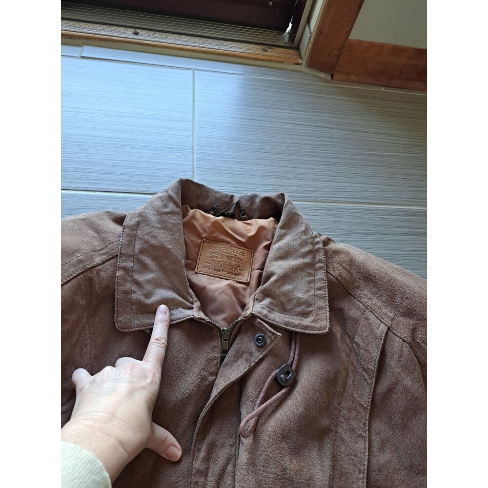 Vintage Levis Mens Bomber Brown Suede Jacket Size 44 L Button Cuffs Zip Front - Picture 4 of 12